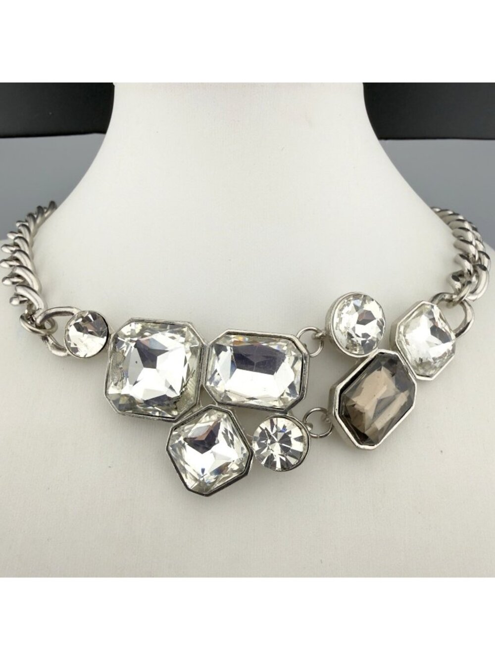 Rhinestone Statement Necklace Silver Tone Bib Geometric Smoky Gray Crystal 20”